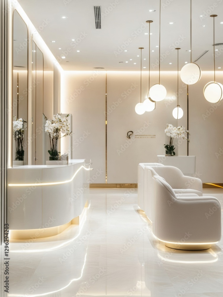Poster Modern minimalist reception area showcasing elegant design and calming atmosphere in a serene environment. Generative AI