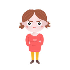 Cute little kid girl stand and show angry pose expression. Illustration of angry, irate, wroth child. Flat graphic vector illustration isolated on white background