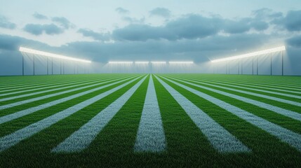 Lush Green Football Field with Bright Floodlights and Cloudy Sky