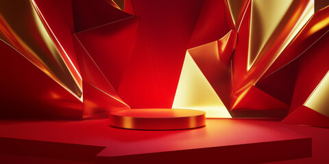 A bold and vibrant 3D background with a geometric podium in bright red and gold tones. The strong, modern lighting and sharp angles add a sense of energy and power to the design.