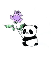 Illustration of a cute panda with a flower, drawn with a black liner and colored markers.