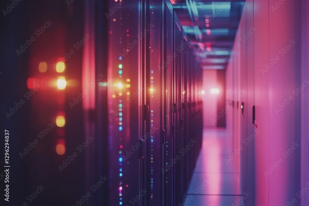 Poster a photo showcasing a straight line of servers in a busy data center with blinking lights and humming