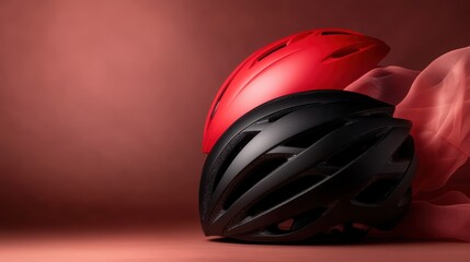 Fototapeta premium Two stylized cycling helmets, one red and one black, are artistically arranged on a textured background, suggesting themes of safety, performance, and speed in cycling.