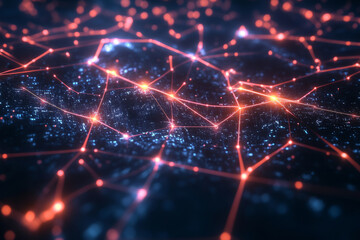 A high-tech 3D abstract background displaying an interconnected web of glowing, holographic filaments, forming an intricate network of data streams. The deep reflections and soft neon pulses create a