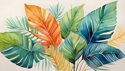watercolor painting of tropical leaves showcasing their intricate textures and rich colors inviting a sense of naturers beauty into any space