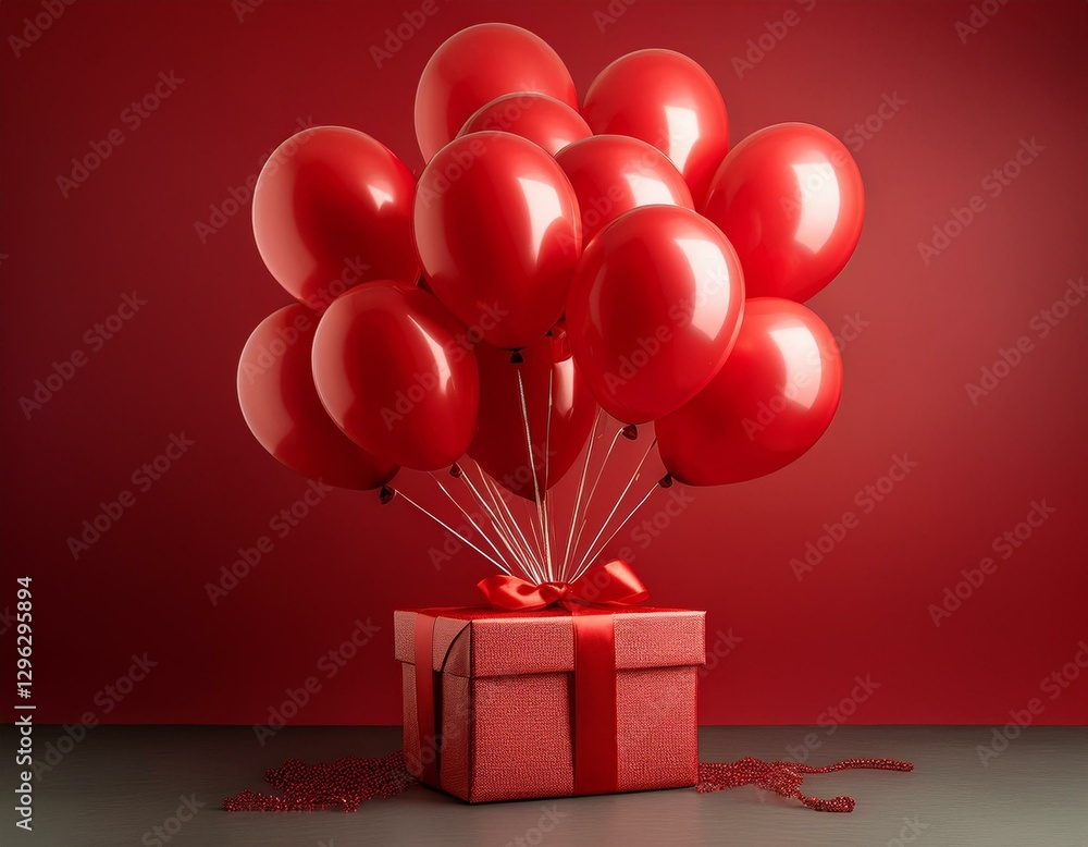 Poster red balloons and gift box isolated on red background with copy space for text