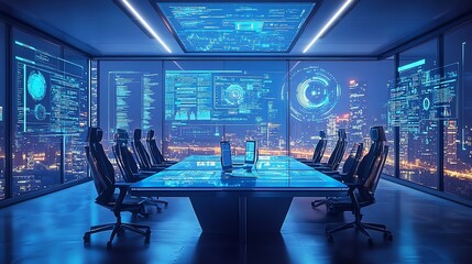 Futuristic Tech Conference Room with Night City View