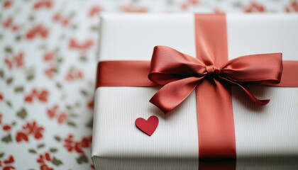 beautifully wrapped gift box with red ribbon and heart decoration, perfect for celebrations