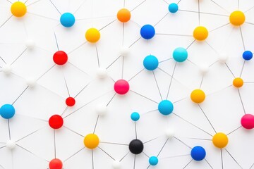 Obraz premium A photo showcasing a vibrant pattern composed of various colored circles on a clean white background A stylized minimal depiction of a network hub .
