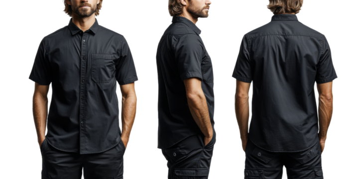 man wearing short sleeve black shirt, showcasing front, side, and back views