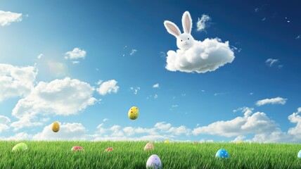 Whimsical Cartoon Easter Bunny Cloud over Lush Green Grass with Scattered Colorful Eggs, High-Resolution Digital Art, Wide-Angle Shot, Vibrant Clear Skies