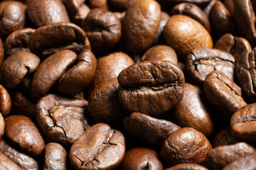 Organic coffee beans detailed texture close up