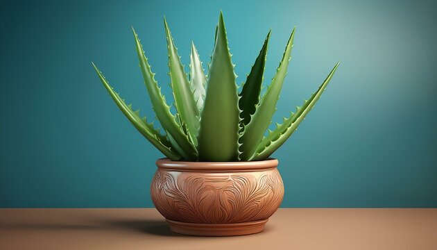 3d rendering of aloe gonzalez in a ceramic pot on a table against a blue background