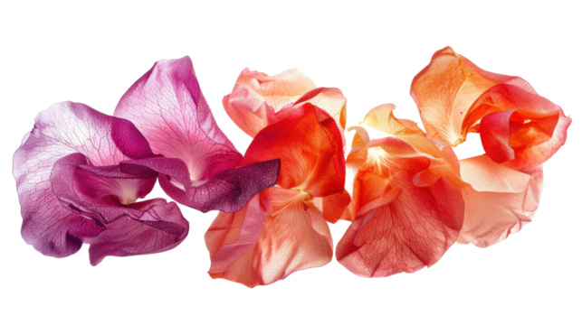 Colorful rose petals floating on transparent background