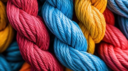 A symphony of diverse ropes, each representing a unique individual or department, intertwines in a harmonious dance of teamwork, their collective effort creating a powerful synergy and cohesive force