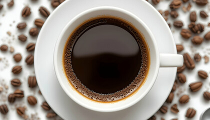 Fototapeta premium Overhead View of Black Coffee in White Cup Surrounded by Beans