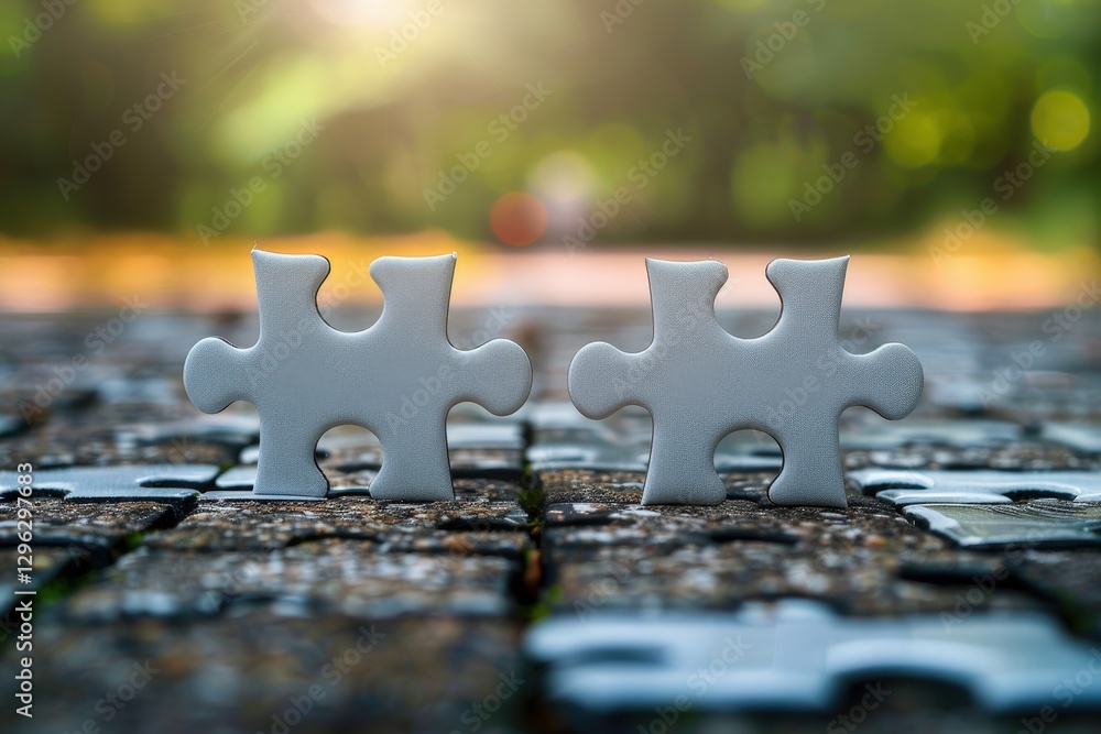 Poster two interlocking puzzle pieces symbolizing connection and teamwork in a natural outdoor setting