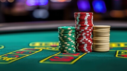 Fototapeta premium Colorful Casino Poker Chips Stacked on a Green Table Surface