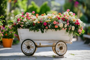 Wagon With Flowers. White Wedding Wagon for Event Celebration with Summer Roses