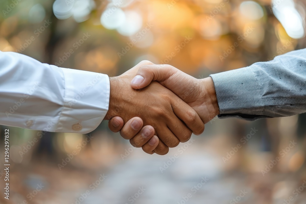 Poster hands engaging in a firm handshake amidst a scenic autumn background with a soft focus effect