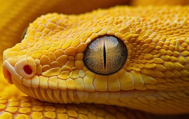 Fototapeta premium Close-up of the eye and skin texture of an entire yellow-haired snake, macro photography. 