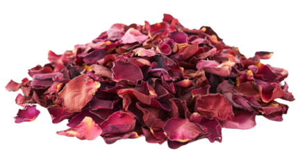 Pile of dried red rose petals on transparent background