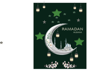 RAMADAN MUBARAK with mosque, laltern, stars and moon