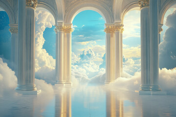 A floating sky palace 3D background room with open archways revealing a breathtaking cloudscape. The ethereal architecture features shimmering golden columns and a soft blue glow, creating a heavenly