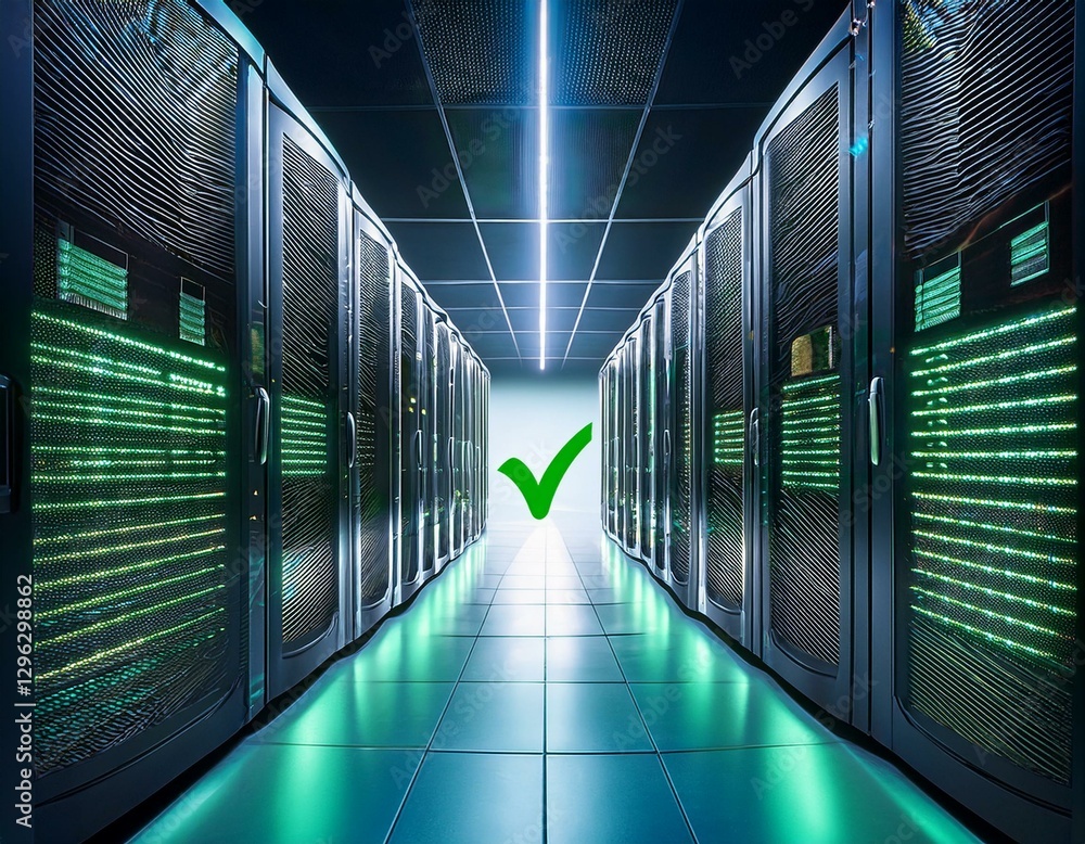 Poster a futuristic data center with illuminated servers featuring green checkmarks indicating successful o