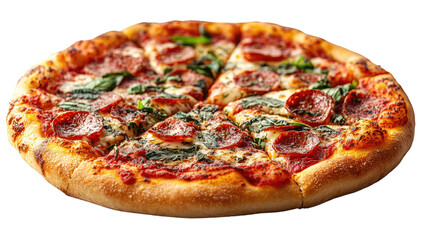 Pepperoni Pizza Feast: A tantalizing overhead view of a fresh pizza, generously adorned with pepperoni, spinach, and savory tomato sauce, promising a burst of flavor and culinary delight.