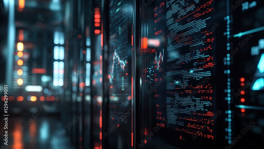 Poster futuristic data center with glowing red and blue screens displaying digital information