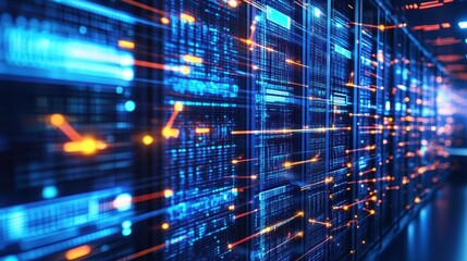 Fototapeta premium A futuristic cityscape, where glowing screens display intricate IT systems, connected through a network of interconnected nodes, representing the ever-expanding digital world.