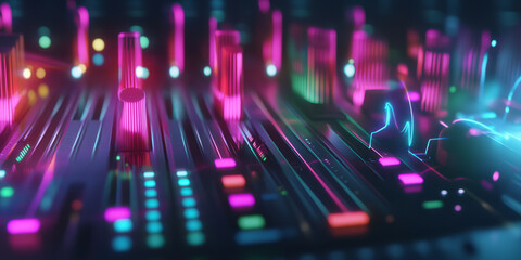 A breathtaking 3D abstract background featuring a floating neon sound mixer, with colorful faders moving in sync with pulsating waves. The high-tech visualization captures the beauty of audio