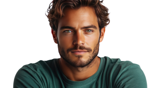 Confident gaze: A handsome man with intense, captivating eyes, sporting a stylish beard and a casual green top, offers a direct, engaging stare to the viewer.