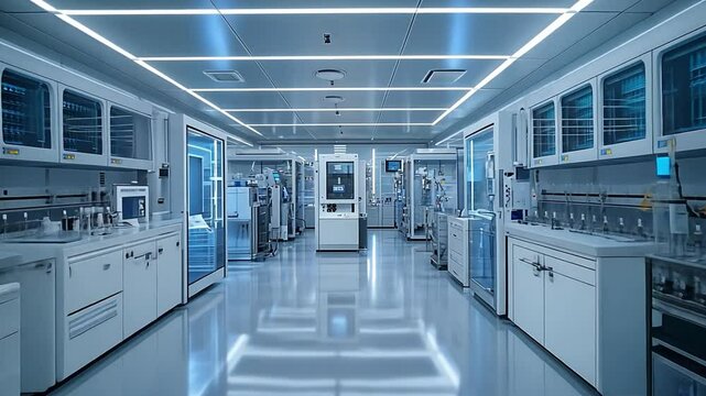 Precision in Blue: An advanced, empty laboratory is shown, filled with high-tech equipment and glowing light, representing cutting-edge research and innovation
