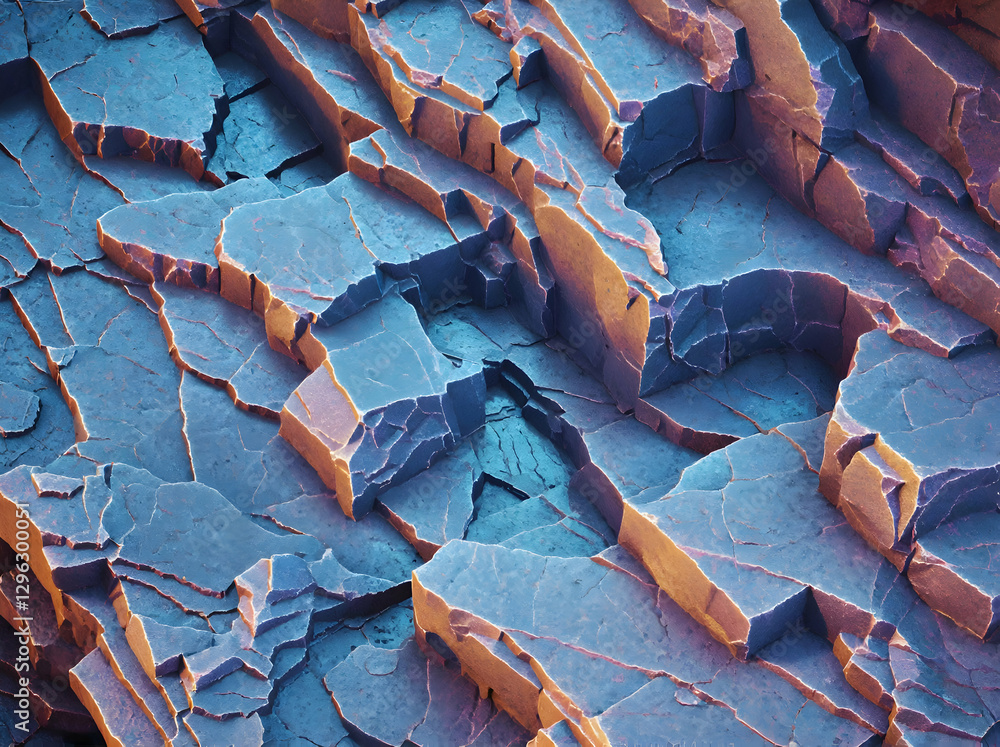 Poster close up view of a purple and orange rock formation with cracks and textures, creating an abstract a