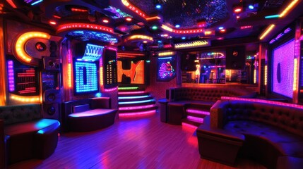 Vibrant, colorful nightclub interior with glowing lights, plush seating, and sound equipment.