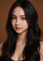 Fototapeta premium model with long, straight black hair, glossy and perfectly styled, striking a seductive pose in a studio with a warm brown backdrop, her hair adding a touch of glamour