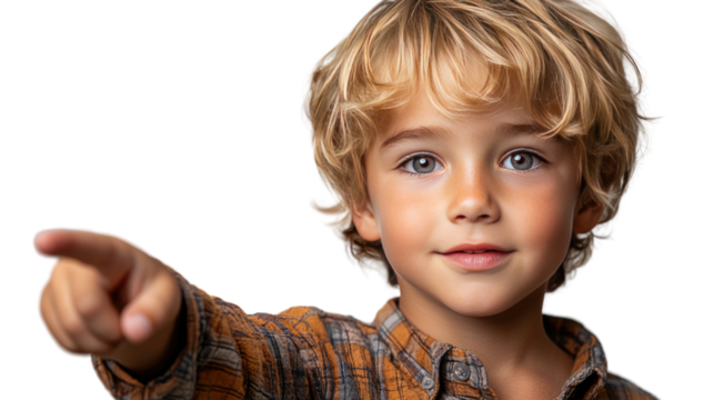 The Boy's Directive: A close-up portrait of a charming young boy with a playful expression, his arm extended, pointing directly towards the viewer.