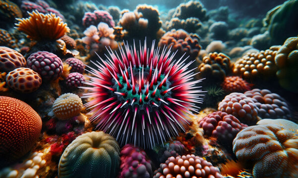 Seeigels inmitten von Korallenriffen f&uuml;r die Meeresfotografie, Unterwasserforschung, close-up