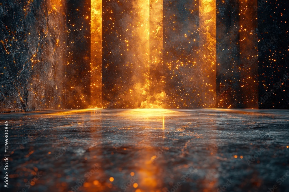 Poster glowing golden light rays in dark cave with reflections on wet floor and sparkling dusty background