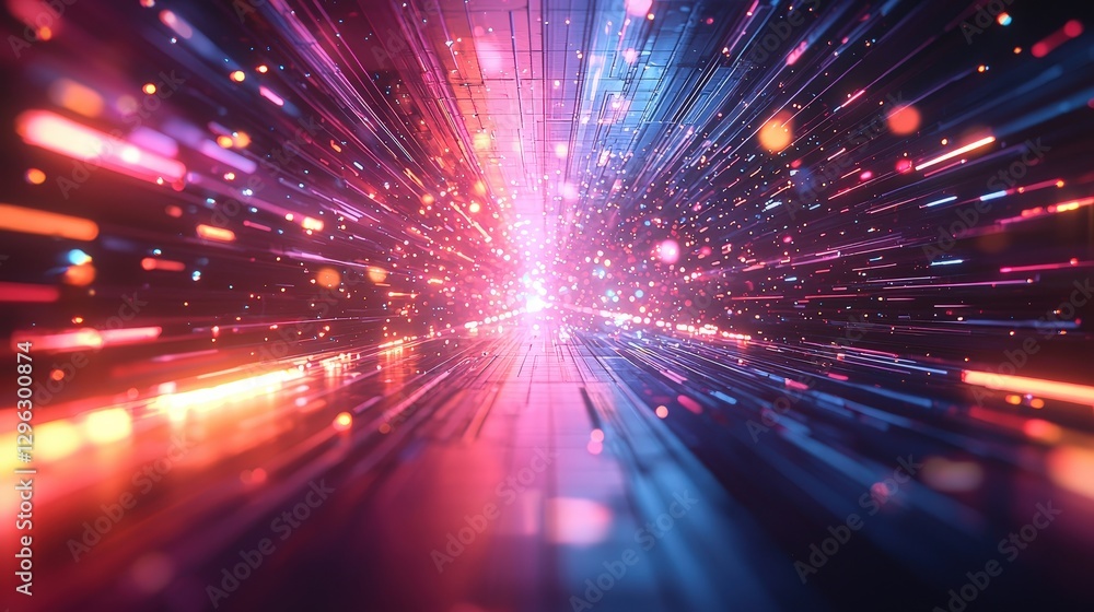 Poster colorful rays of light in a digital space, creating a stunning dynamic burst effect that conveys ene