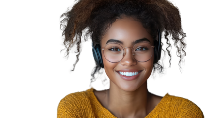 Portrait of Listening: A captivating portrait of a young woman immersed in music, sporting headphones and glasses, her smile radiating pure joy and contentment
