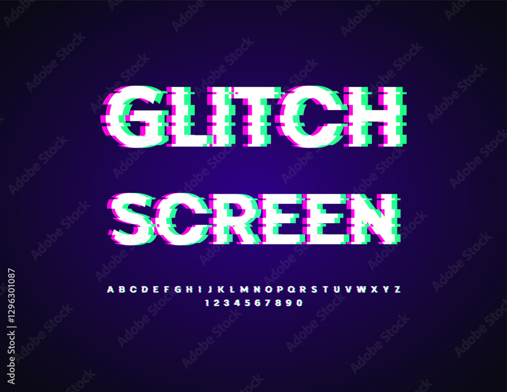 Poster vector distorted emblem glitch screen. error effect font. techno style alphabet letters and numbers 