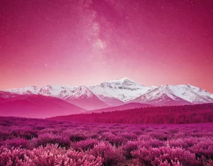 Gardinen Enchanting pink landscape with snow-capped mountains under a starry night sky. © Viktor