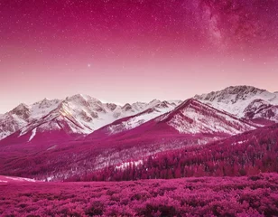 Gardinen Surreal pink-hued mountain landscape with vibrant flora and a starry sky. © Viktor