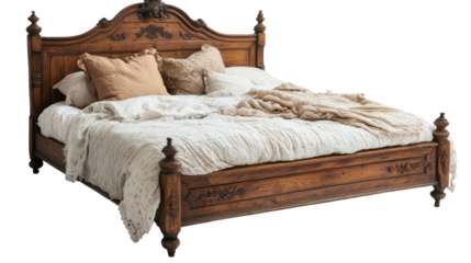Exquisite Bed: An elegantly carved wooden bed, adorned with luxurious bedding and pillows, invites relaxation and rest, reflecting classic craftsmanship. 