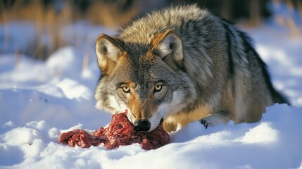 Obraz premium Wolf Eating in Snow: Majestic Grey Wolf Feeding on Meat in Winter Wilderness