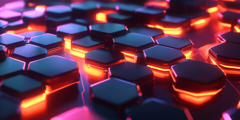 Fototapeta premium A dynamic 3D abstract background displaying floating, interconnected hexagons with neon edges. The high-tech reflections and immersive depth create a futuristic digital landscape, reminiscent of