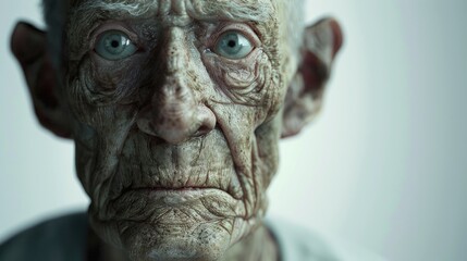 Close-up of a human brain modeldisplaying visible signs of aging withwrinkles and texture changes, ideal foreducational and medical presentations,with ample white background copy spacefor text ov